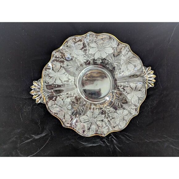 Fostoria Baroque MCM Etched Handle Cake Plate Serveware EUC - Picture 1 of 6